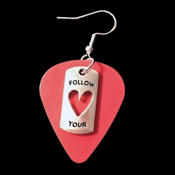 HAND Crafted Earrings Repurposed Guitar Picks Follow your Heart New - Picture 2 of 6